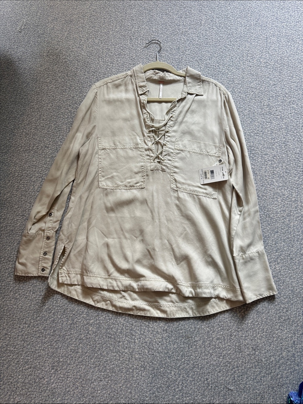 Free People Lace-Up Long Sleeve Pocket Blouse in Light Beige